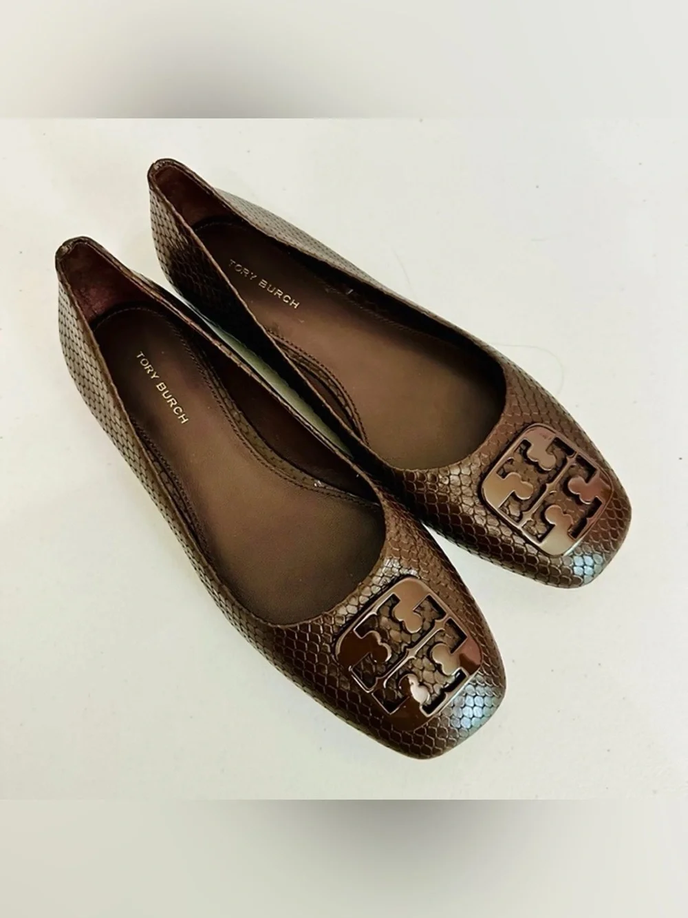 Tory Burch Brown Snake-Texture Logo Ballet Flats